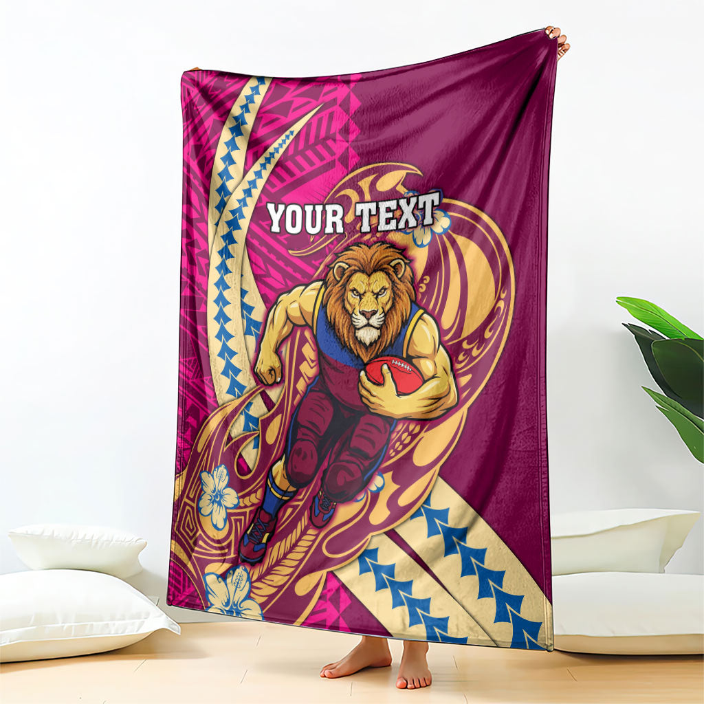 Personalized Brisbane Lions Blanket Polynesian Tribal Lion Mascot With Hibiscus Floral Art