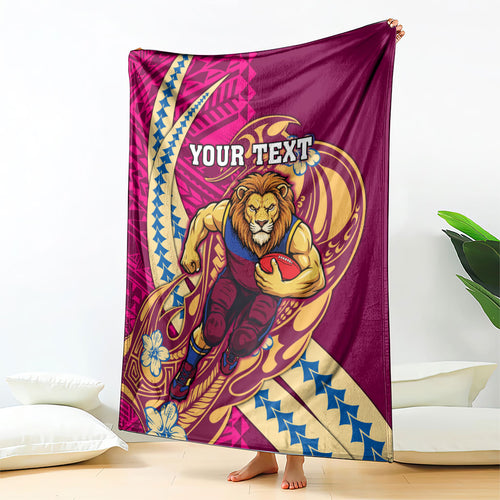 Personalized Brisbane Lions Blanket Polynesian Tribal Lion Mascot With Hibiscus Floral Art