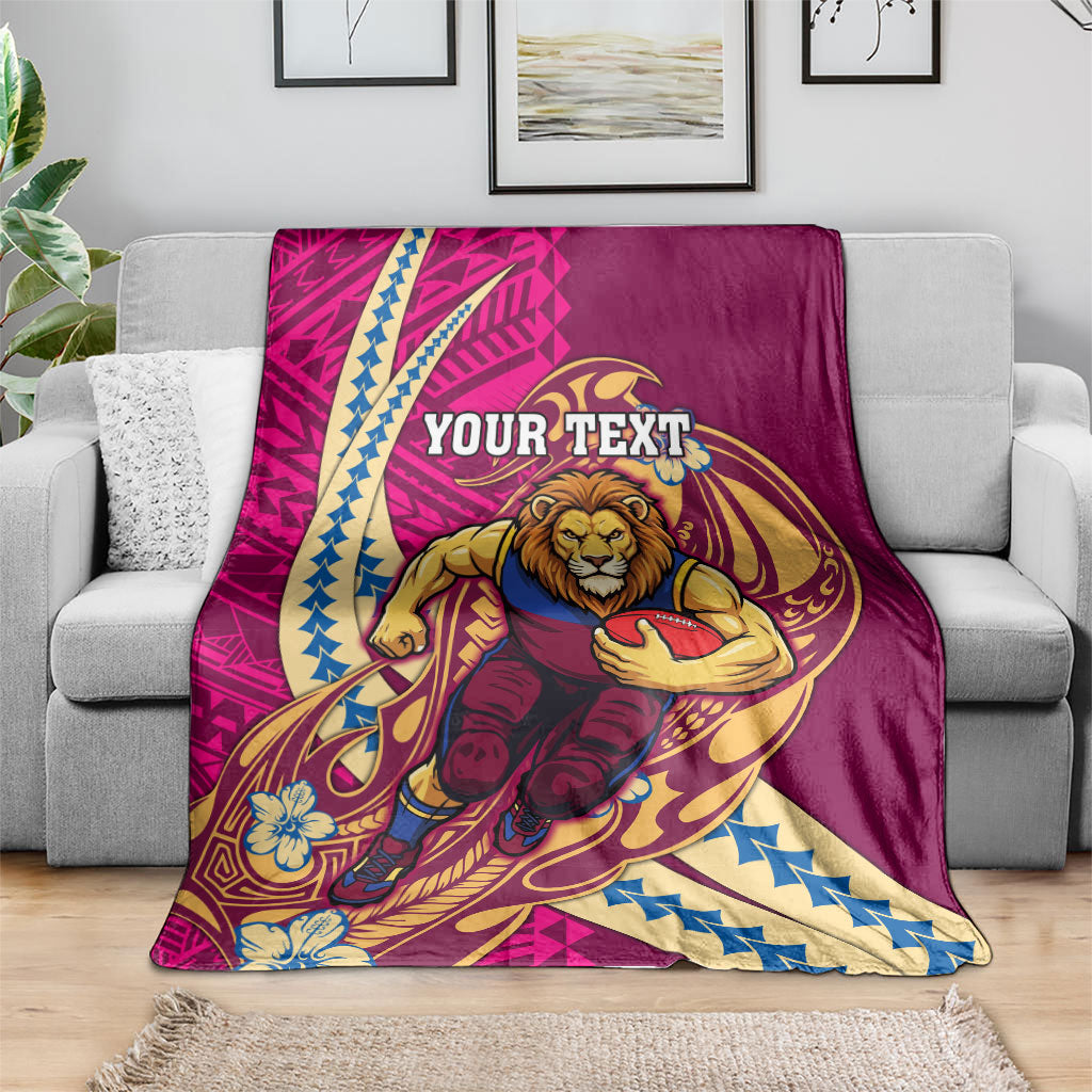 Personalized Brisbane Lions Blanket Polynesian Tribal Lion Mascot With Hibiscus Floral Art