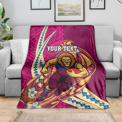 Personalized Brisbane Lions Blanket Polynesian Tribal Lion Mascot With Hibiscus Floral Art