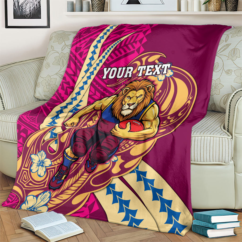 Personalized Brisbane Lions Blanket Polynesian Tribal Lion Mascot With Hibiscus Floral Art