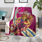 Personalized Brisbane Lions Blanket Polynesian Tribal Lion Mascot With Hibiscus Floral Art