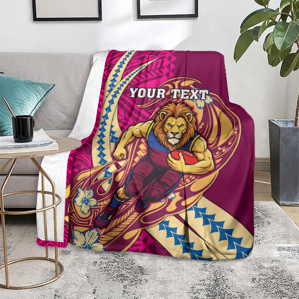 Personalized Brisbane Lions Blanket Polynesian Tribal Lion Mascot With Hibiscus Floral Art