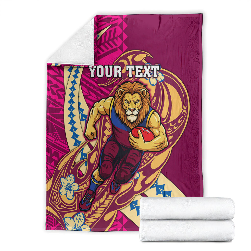 Personalized Brisbane Lions Blanket Polynesian Tribal Lion Mascot With Hibiscus Floral Art