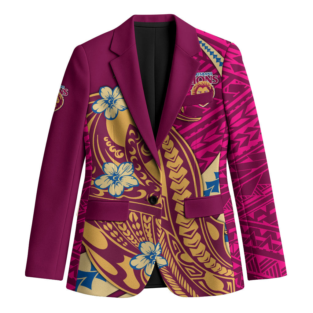 Personalized Brisbane Lions Blazer Polynesian Tribal Lion Mascot With Hibiscus Floral Art