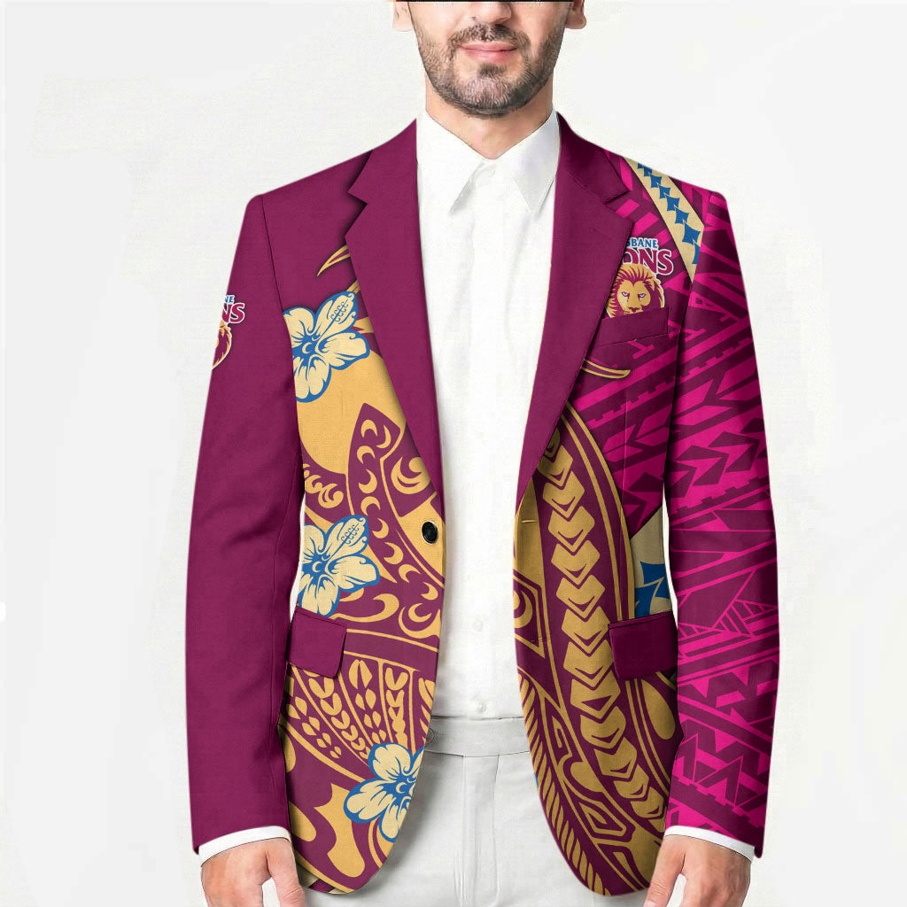 Personalized Brisbane Lions Blazer Polynesian Tribal Lion Mascot With Hibiscus Floral Art