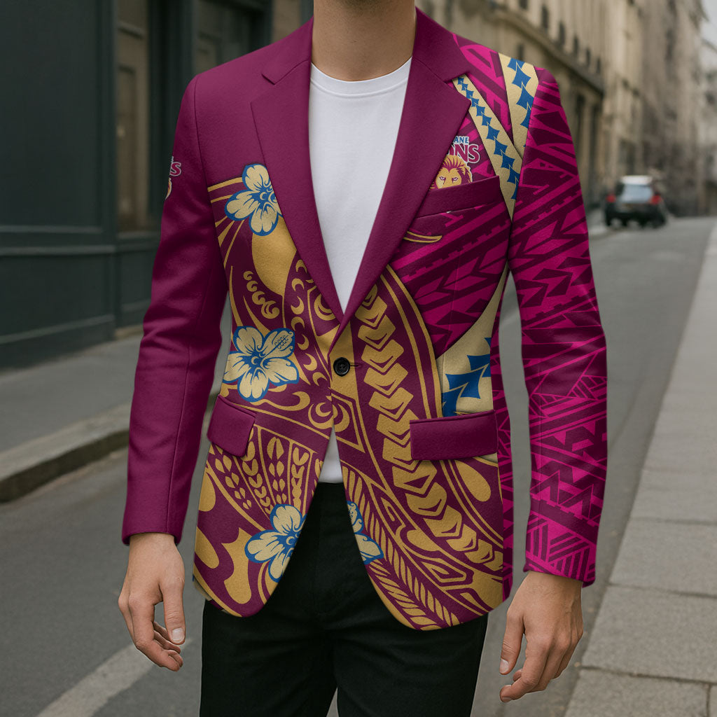 Personalized Brisbane Lions Blazer Polynesian Tribal Lion Mascot With Hibiscus Floral Art
