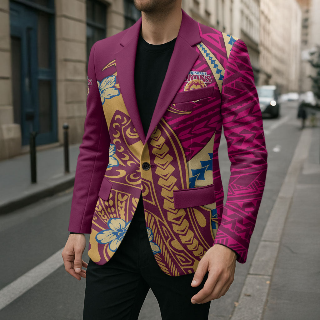 Personalized Brisbane Lions Blazer Polynesian Tribal Lion Mascot With Hibiscus Floral Art