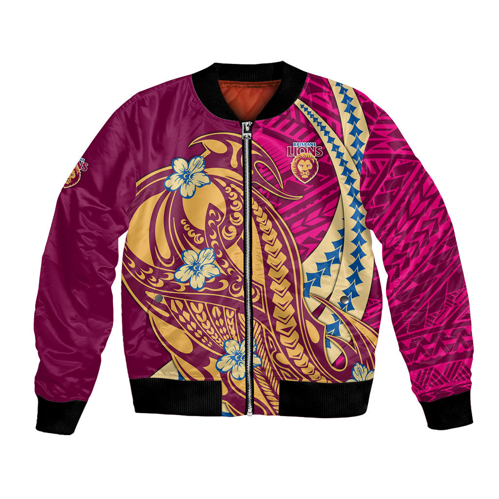 Personalized Brisbane Lions Bomber Jacket Polynesian Tribal Lion Mascot With Hibiscus Floral Art