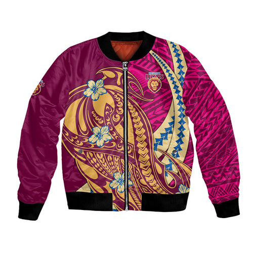 Personalized Brisbane Lions Bomber Jacket Polynesian Tribal Lion Mascot With Hibiscus Floral Art