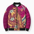 Personalized Brisbane Lions Bomber Puffer Jacket Polynesian Tribal Lion Mascot With Hibiscus Floral Art