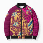 Personalized Brisbane Lions Bomber Puffer Jacket Polynesian Tribal Lion Mascot With Hibiscus Floral Art