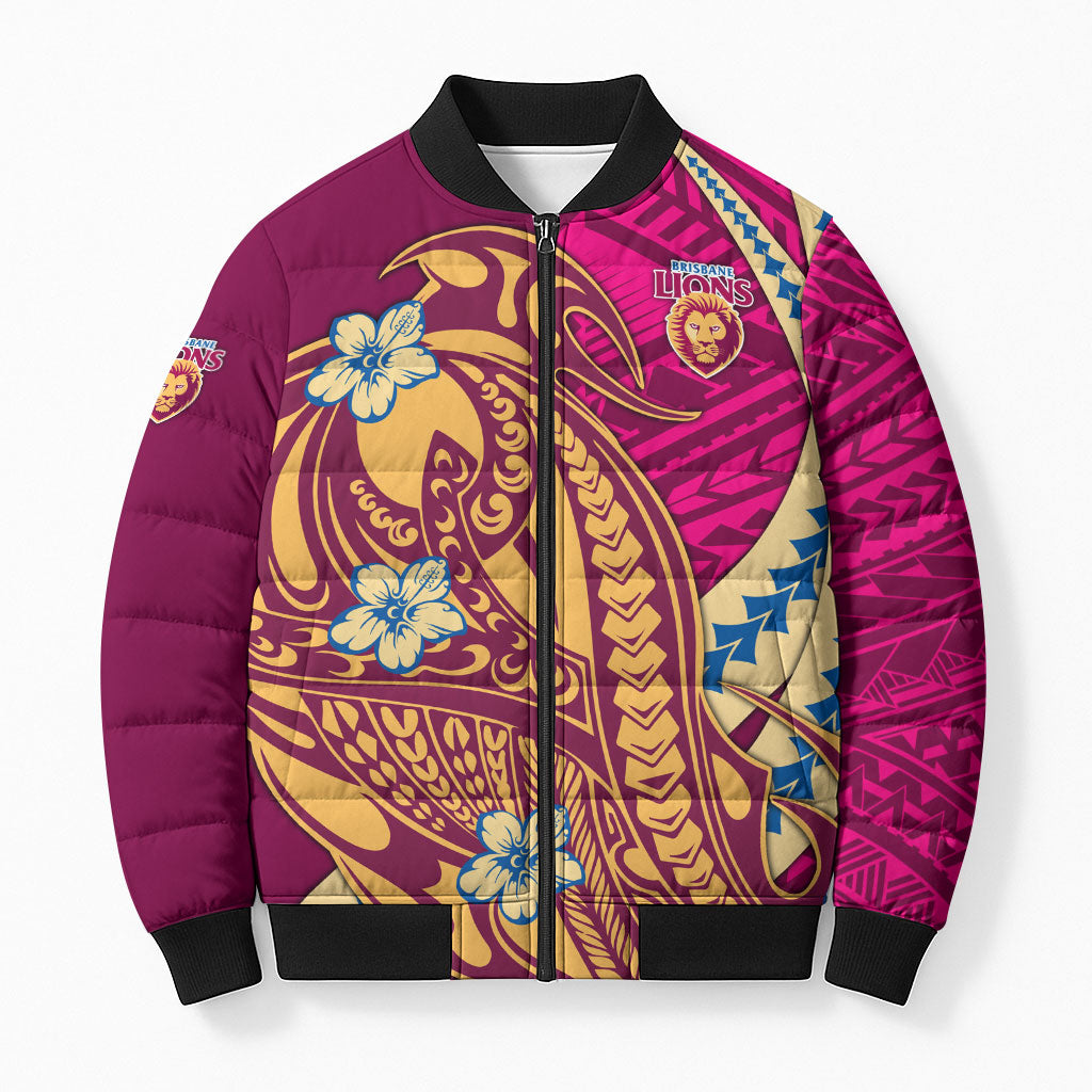 Personalized Brisbane Lions Bomber Puffer Jacket Polynesian Tribal Lion Mascot With Hibiscus Floral Art