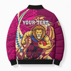 Personalized Brisbane Lions Bomber Puffer Jacket Polynesian Tribal Lion Mascot With Hibiscus Floral Art