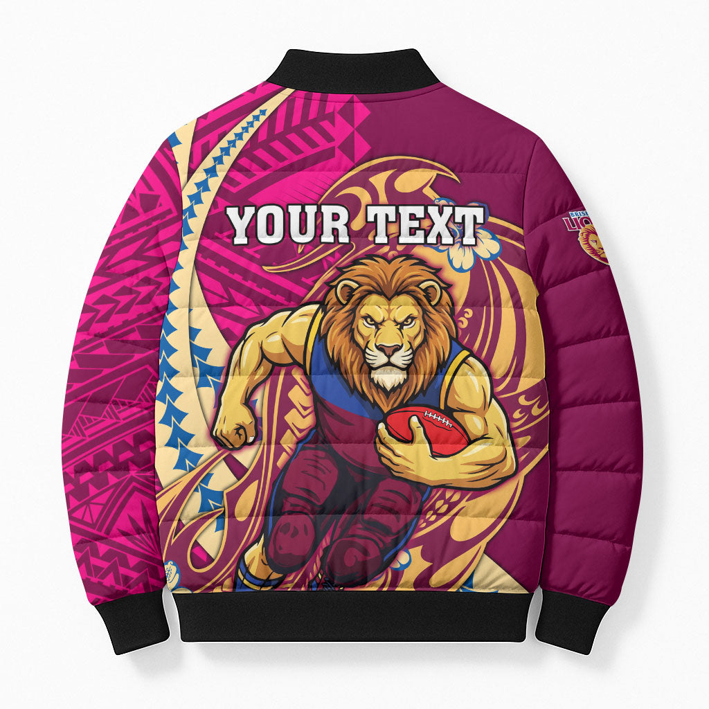 Personalized Brisbane Lions Bomber Puffer Jacket Polynesian Tribal Lion Mascot With Hibiscus Floral Art