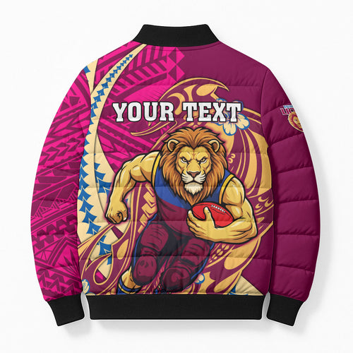 Personalized Brisbane Lions Bomber Puffer Jacket Polynesian Tribal Lion Mascot With Hibiscus Floral Art