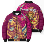 Personalized Brisbane Lions Bomber Puffer Jacket Polynesian Tribal Lion Mascot With Hibiscus Floral Art