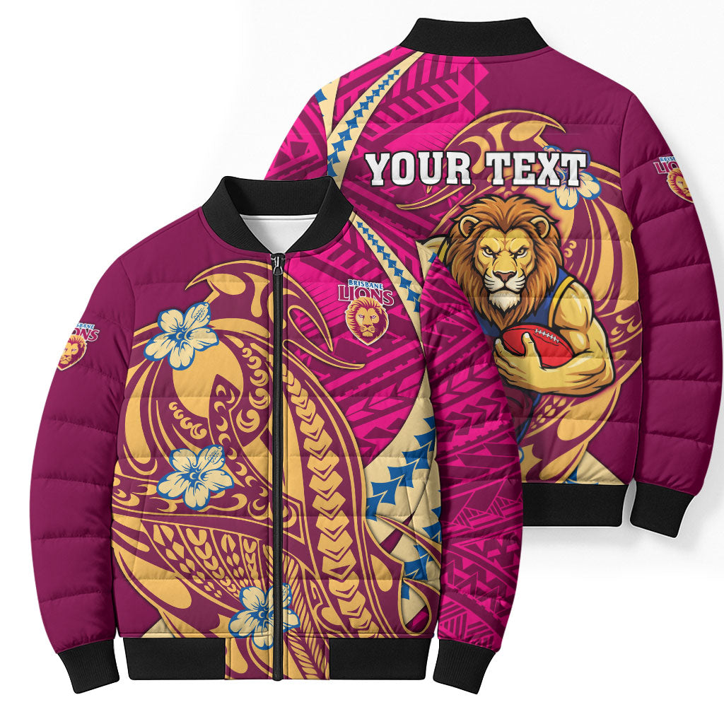 Personalized Brisbane Lions Bomber Puffer Jacket Polynesian Tribal Lion Mascot With Hibiscus Floral Art
