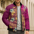 Personalized Brisbane Lions Bomber Puffer Jacket Polynesian Tribal Lion Mascot With Hibiscus Floral Art