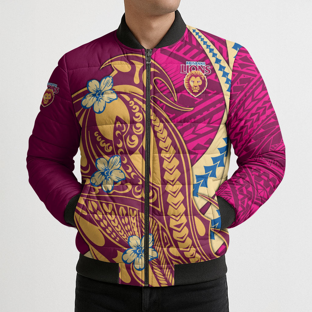 Personalized Brisbane Lions Bomber Puffer Jacket Polynesian Tribal Lion Mascot With Hibiscus Floral Art