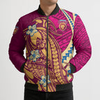 Personalized Brisbane Lions Bomber Puffer Jacket Polynesian Tribal Lion Mascot With Hibiscus Floral Art