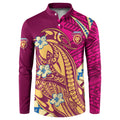 Personalized Brisbane Lions Button Sweatshirt Polynesian Tribal Lion Mascot With Hibiscus Floral Art