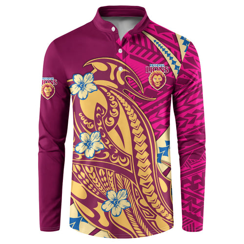 Personalized Brisbane Lions Button Sweatshirt Polynesian Tribal Lion Mascot With Hibiscus Floral Art