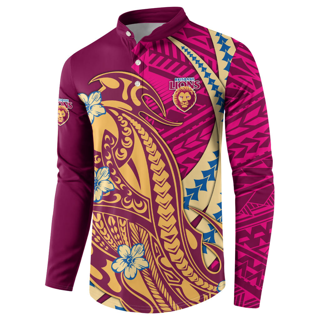 Personalized Brisbane Lions Button Sweatshirt Polynesian Tribal Lion Mascot With Hibiscus Floral Art