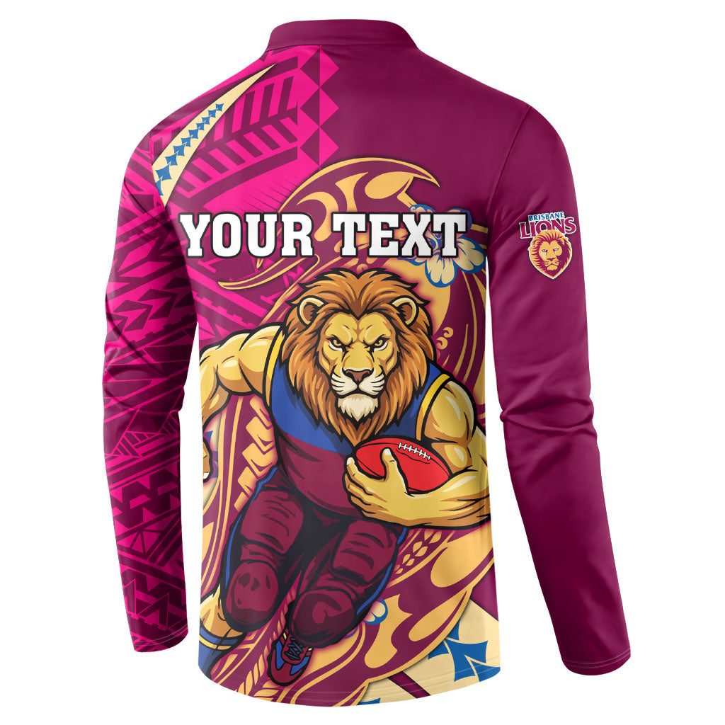 Personalized Brisbane Lions Button Sweatshirt Polynesian Tribal Lion Mascot With Hibiscus Floral Art
