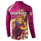 Personalized Brisbane Lions Button Sweatshirt Polynesian Tribal Lion Mascot With Hibiscus Floral Art