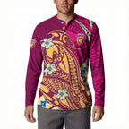 Personalized Brisbane Lions Button Sweatshirt Polynesian Tribal Lion Mascot With Hibiscus Floral Art