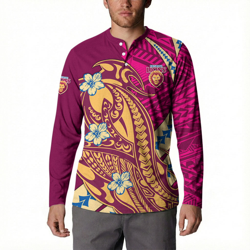 Personalized Brisbane Lions Button Sweatshirt Polynesian Tribal Lion Mascot With Hibiscus Floral Art