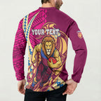 Personalized Brisbane Lions Button Sweatshirt Polynesian Tribal Lion Mascot With Hibiscus Floral Art