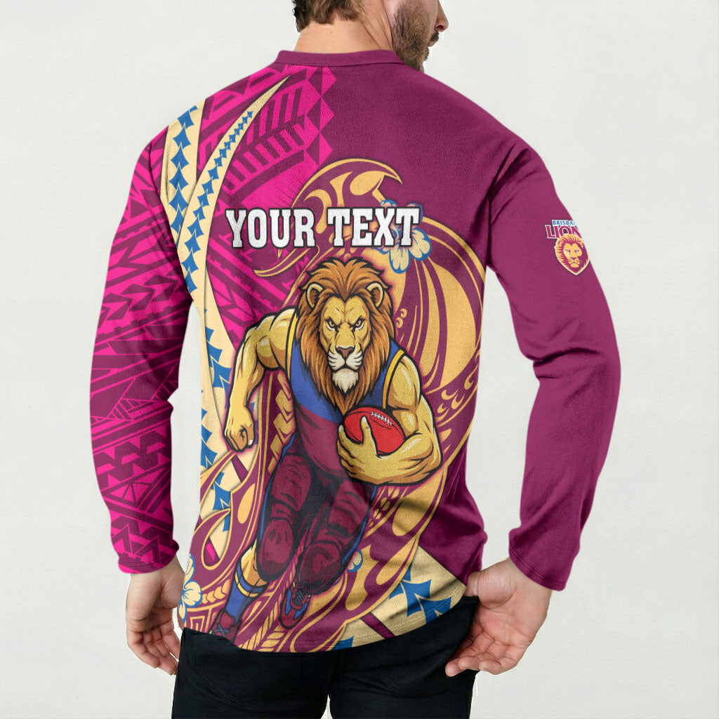 Personalized Brisbane Lions Button Sweatshirt Polynesian Tribal Lion Mascot With Hibiscus Floral Art
