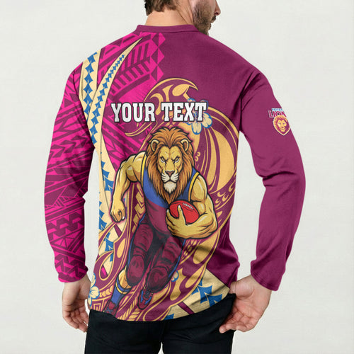 Personalized Brisbane Lions Button Sweatshirt Polynesian Tribal Lion Mascot With Hibiscus Floral Art
