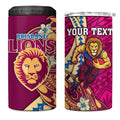 Personalized Brisbane Lions 4 in 1 Can Cooler Tumbler Polynesian Tribal Lion Mascot With Hibiscus Floral Art