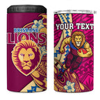 Personalized Brisbane Lions 4 in 1 Can Cooler Tumbler Polynesian Tribal Lion Mascot With Hibiscus Floral Art