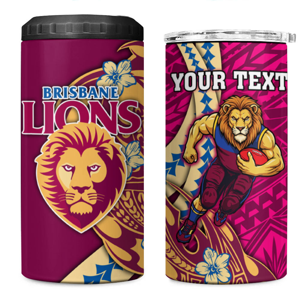 Personalized Brisbane Lions 4 in 1 Can Cooler Tumbler Polynesian Tribal Lion Mascot With Hibiscus Floral Art