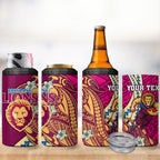 Personalized Brisbane Lions 4 in 1 Can Cooler Tumbler Polynesian Tribal Lion Mascot With Hibiscus Floral Art