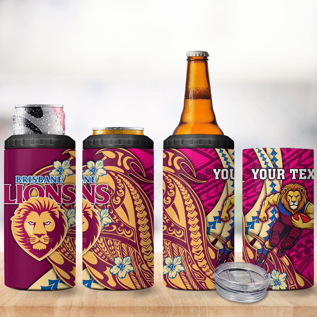 Personalized Brisbane Lions 4 in 1 Can Cooler Tumbler Polynesian Tribal Lion Mascot With Hibiscus Floral Art