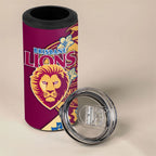 Personalized Brisbane Lions 4 in 1 Can Cooler Tumbler Polynesian Tribal Lion Mascot With Hibiscus Floral Art
