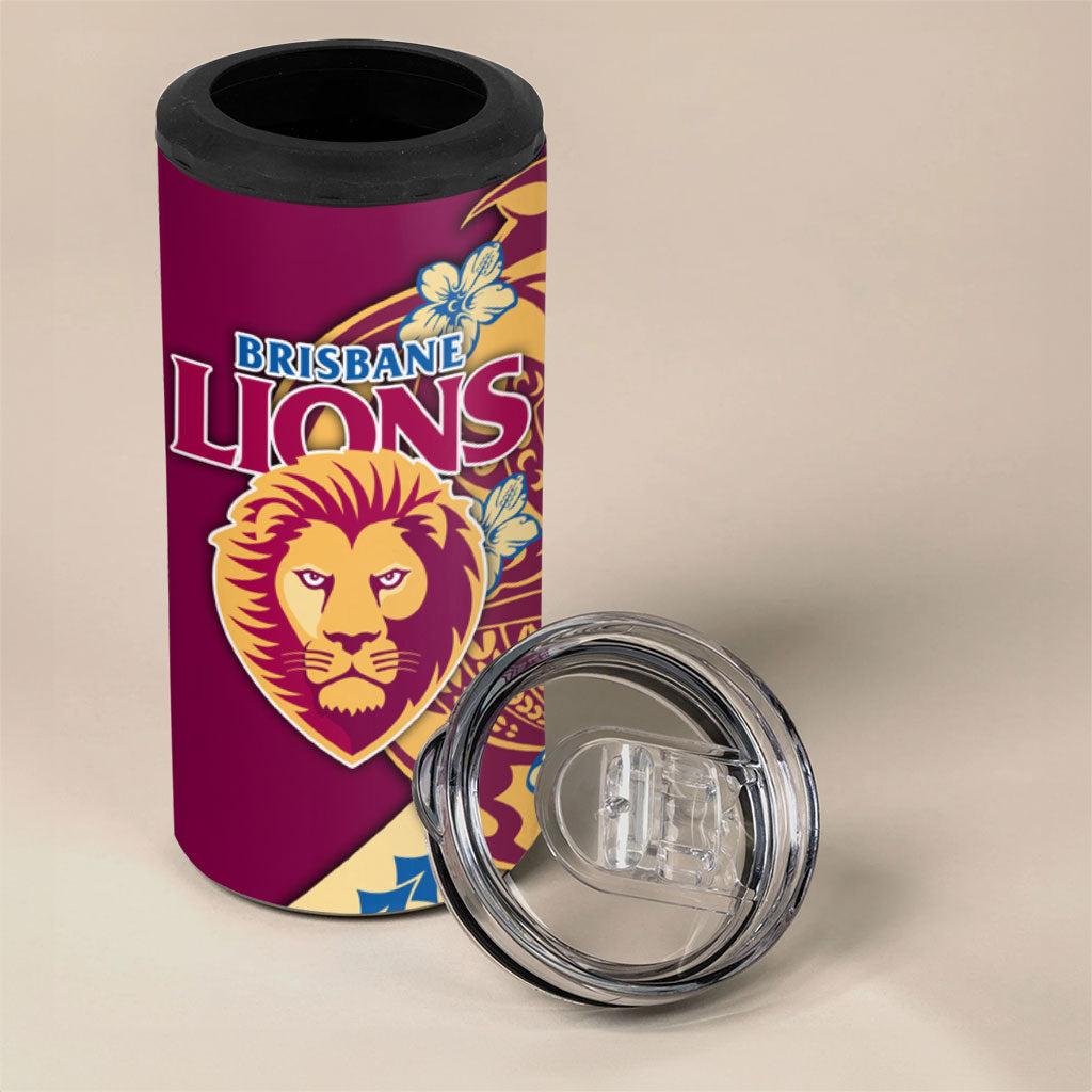 Personalized Brisbane Lions 4 in 1 Can Cooler Tumbler Polynesian Tribal Lion Mascot With Hibiscus Floral Art