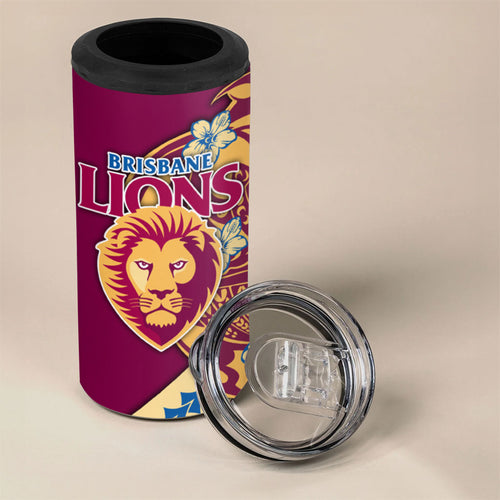 Personalized Brisbane Lions 4 in 1 Can Cooler Tumbler Polynesian Tribal Lion Mascot With Hibiscus Floral Art