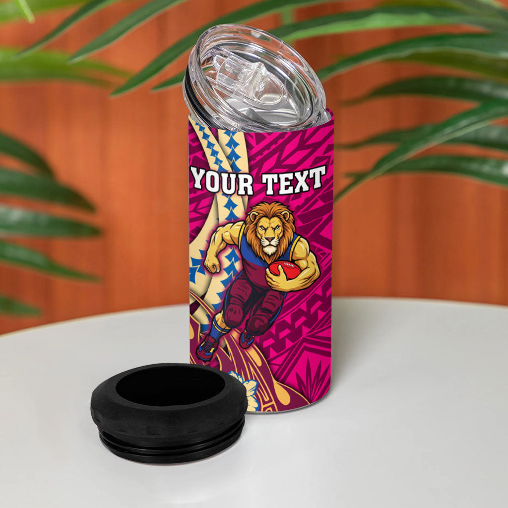 Personalized Brisbane Lions 4 in 1 Can Cooler Tumbler Polynesian Tribal Lion Mascot With Hibiscus Floral Art