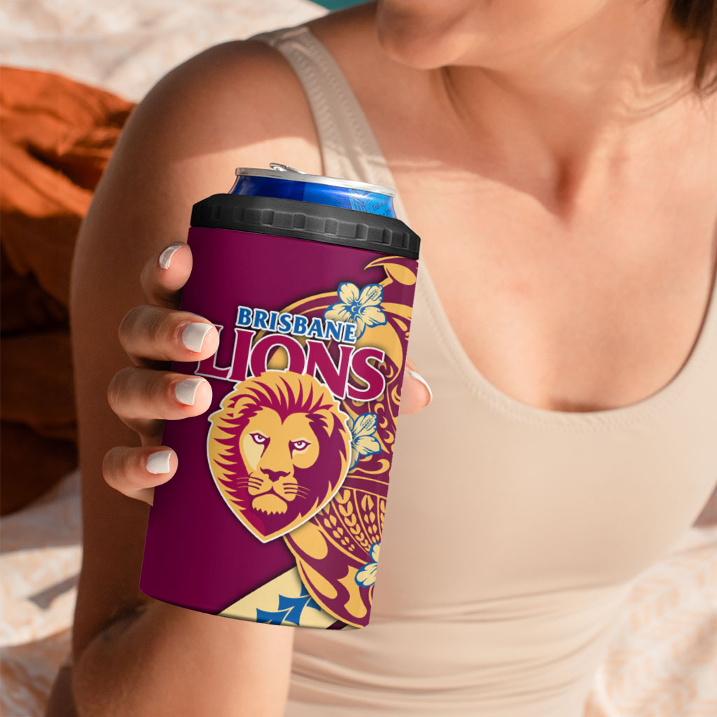 Personalized Brisbane Lions 4 in 1 Can Cooler Tumbler Polynesian Tribal Lion Mascot With Hibiscus Floral Art