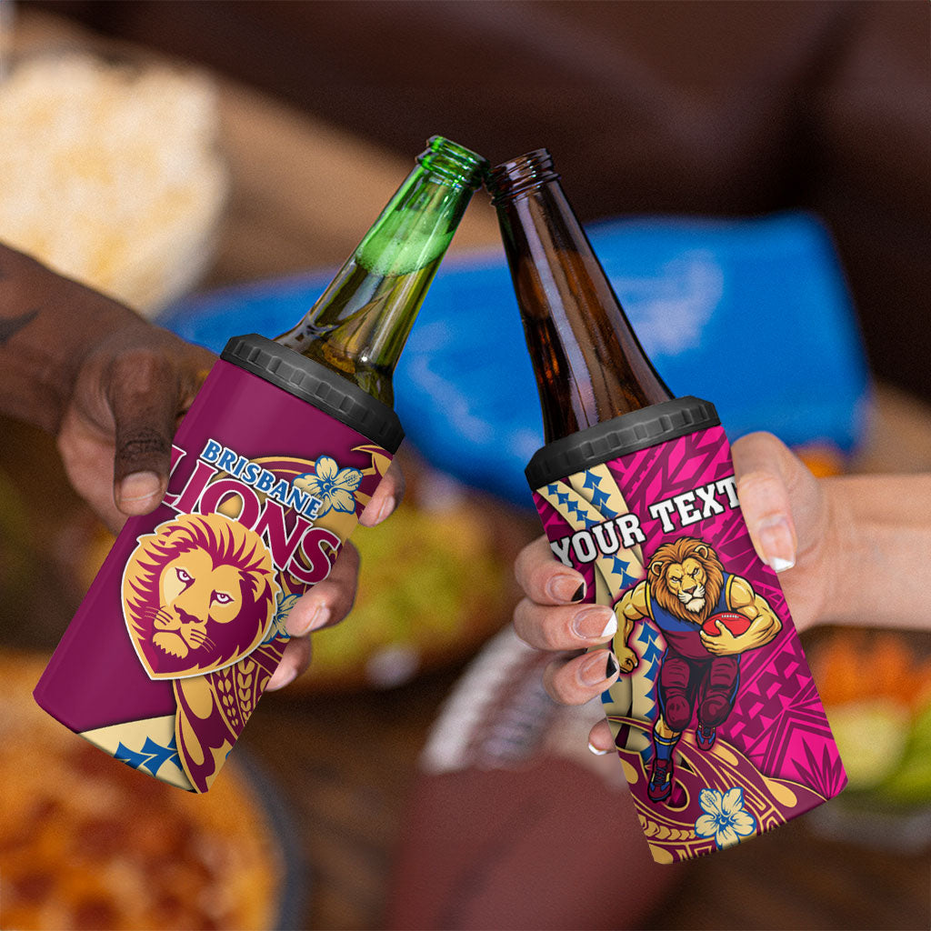 Personalized Brisbane Lions 4 in 1 Can Cooler Tumbler Polynesian Tribal Lion Mascot With Hibiscus Floral Art