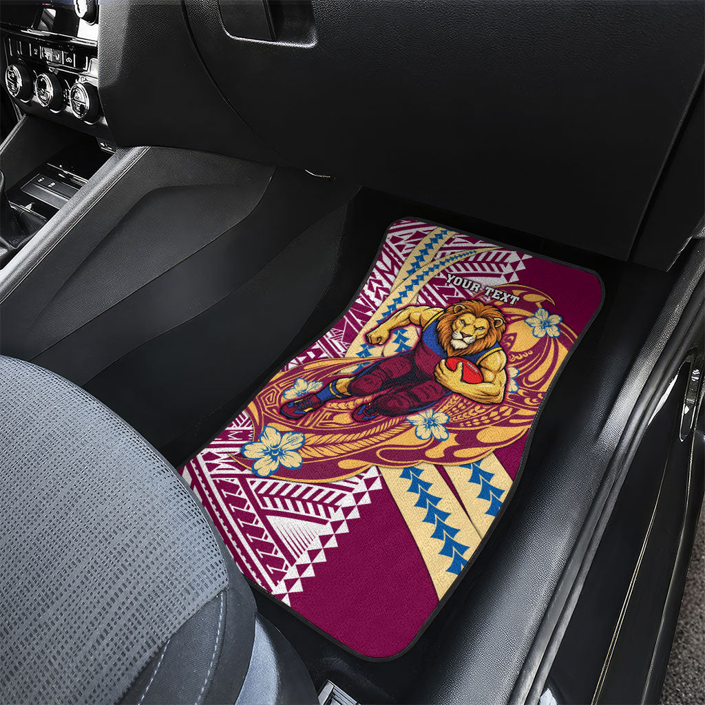 Personalized Brisbane Lions Car Mats Polynesian Tribal Lion Mascot With Hibiscus Floral Art