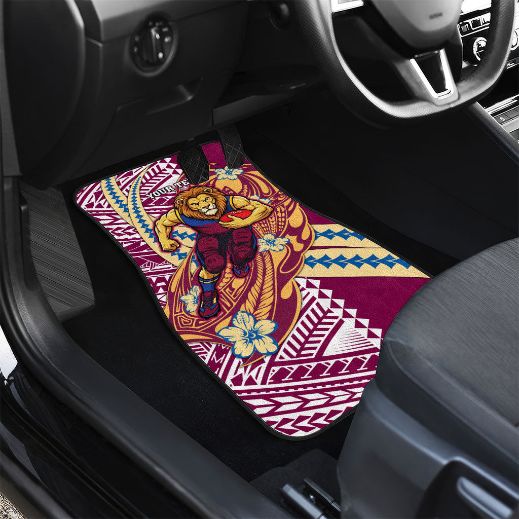 Personalized Brisbane Lions Car Mats Polynesian Tribal Lion Mascot With Hibiscus Floral Art