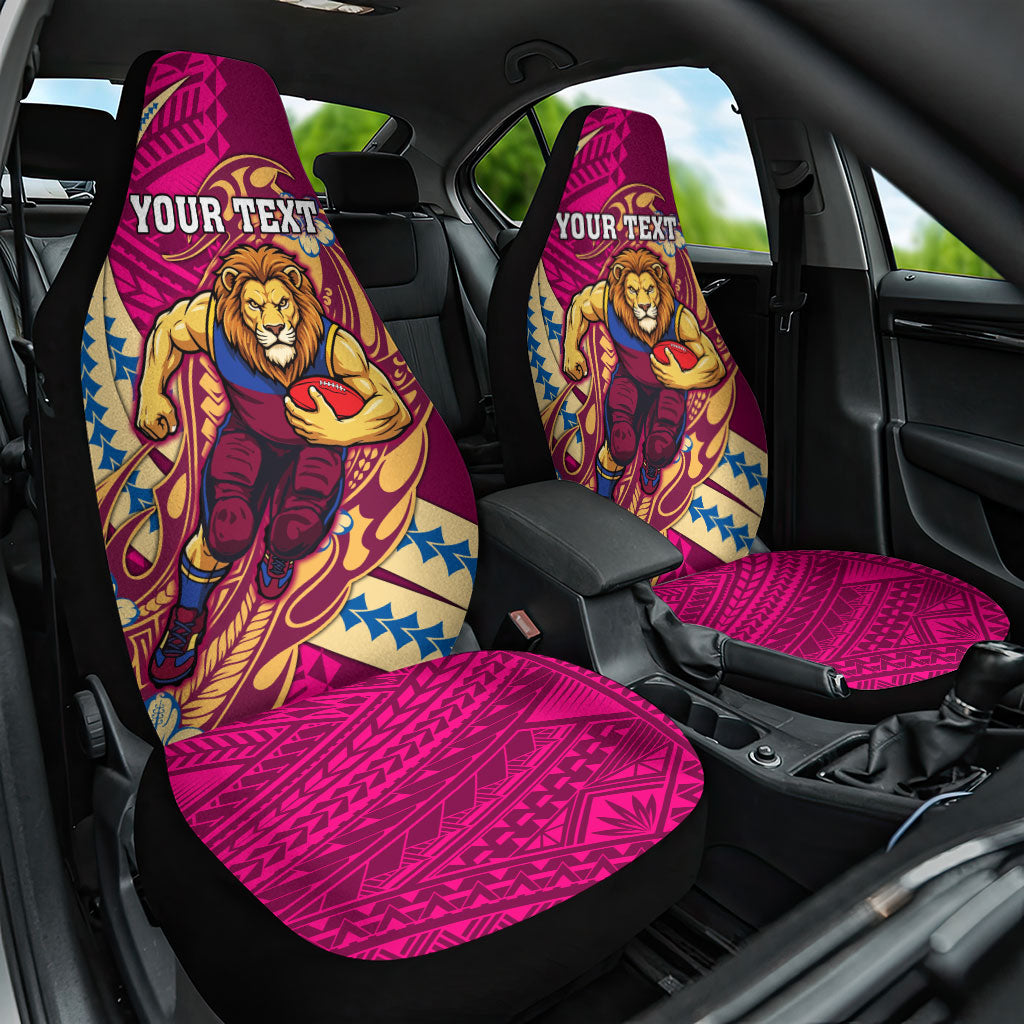 Personalized Brisbane Lions Car Seat Cover Polynesian Tribal Lion Mascot With Hibiscus Floral Art