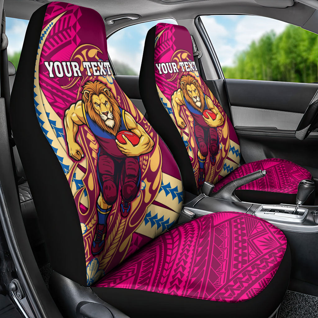 Personalized Brisbane Lions Car Seat Cover Polynesian Tribal Lion Mascot With Hibiscus Floral Art